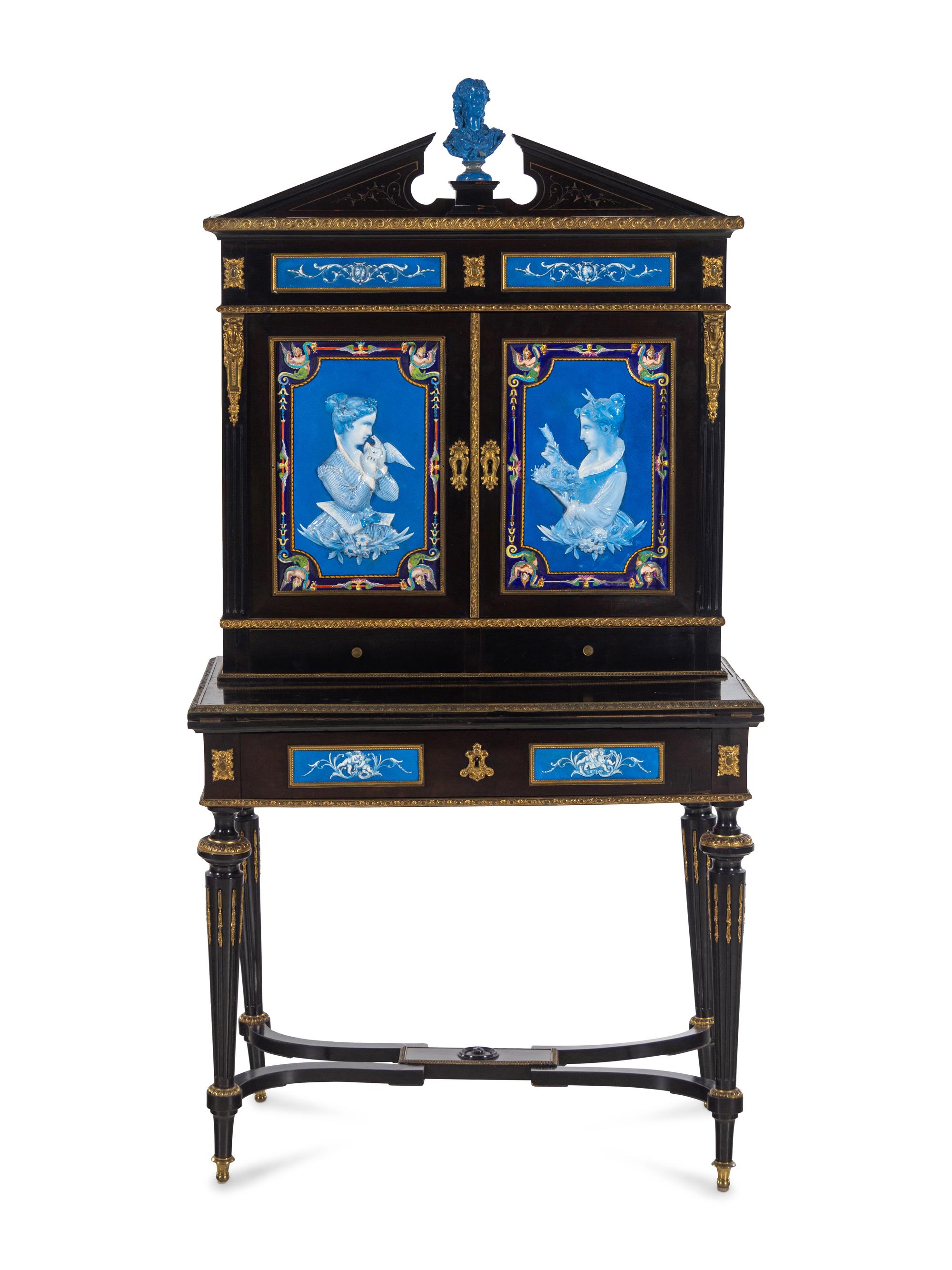 A Napoleon III Ebonized and Glazed Pottery Plaque-Mounted Secrétaire