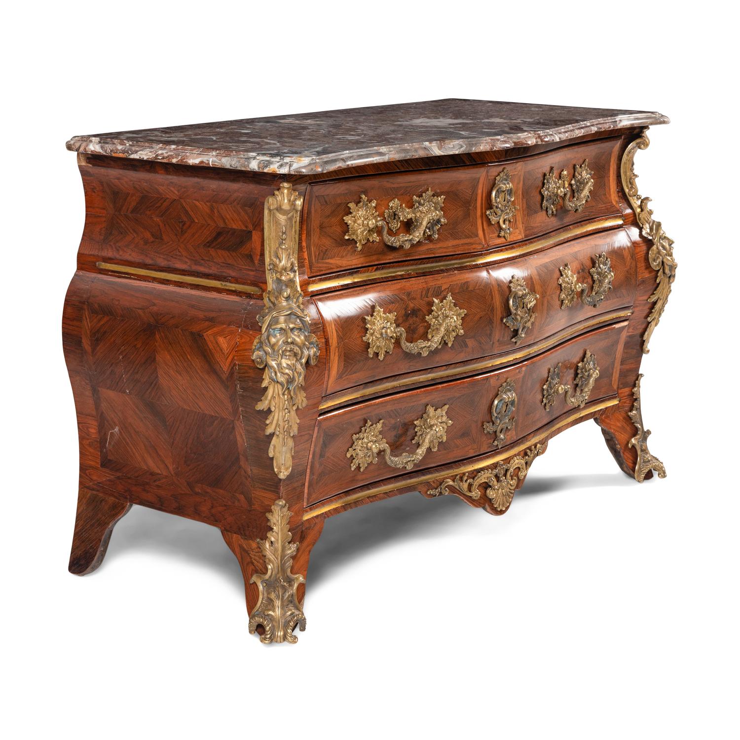 A Louis XV Gilt Bronze Mounted Marble-Top Kingwood Commode
