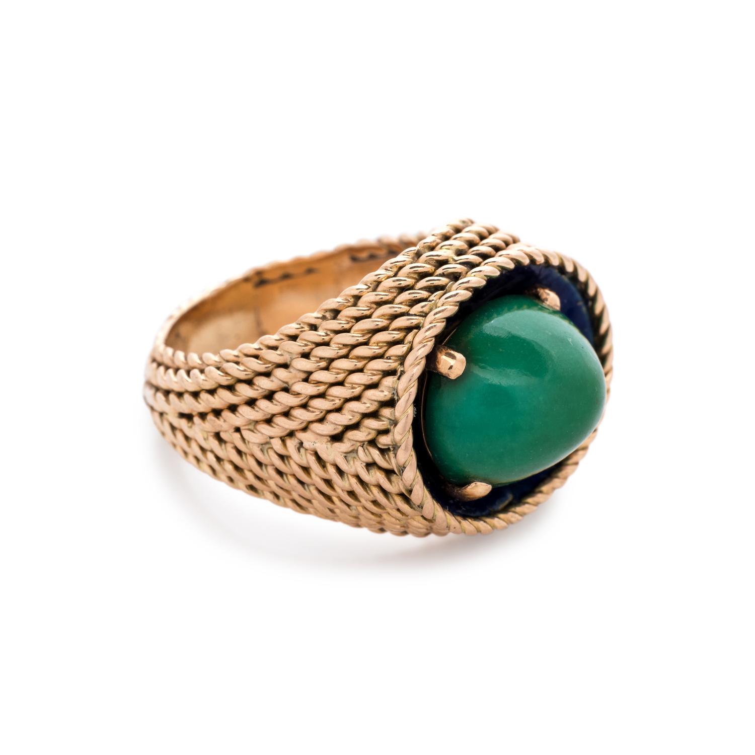 YELLOW GOLD, GREEN HARDSTONE AND ENAMEL RING