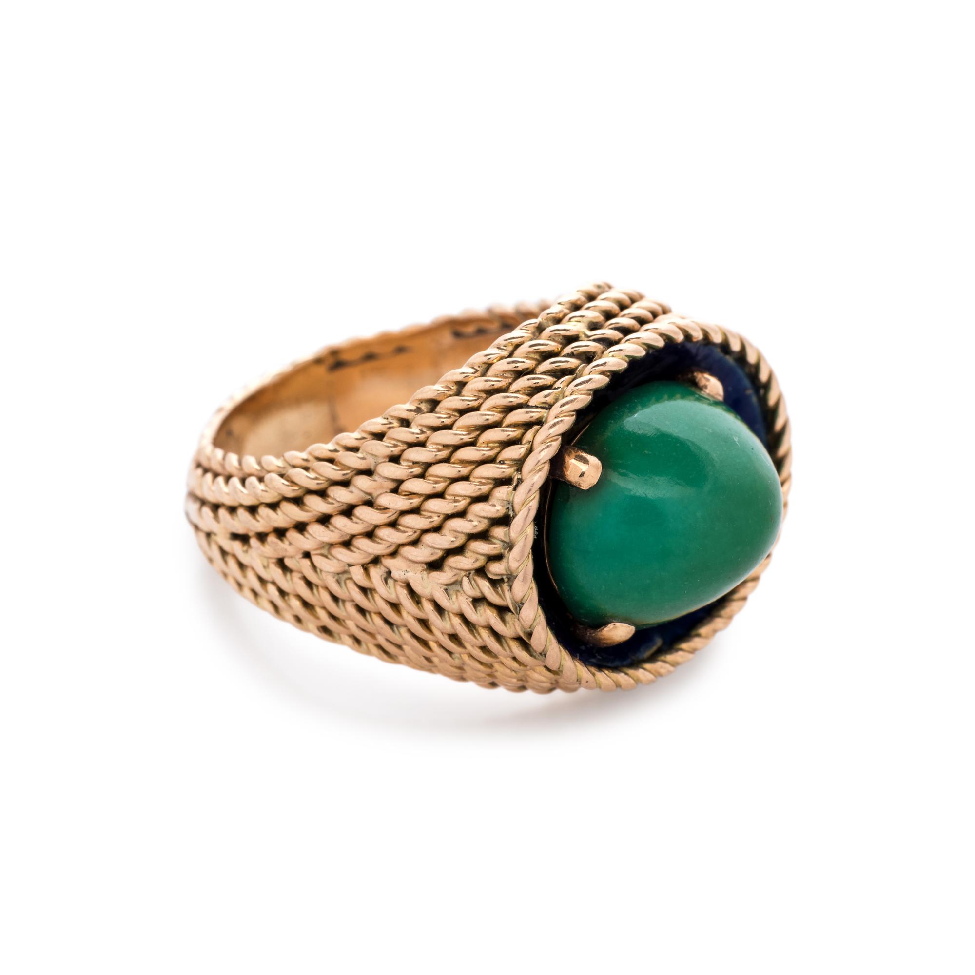 YELLOW GOLD, GREEN HARDSTONE AND ENAMEL RING