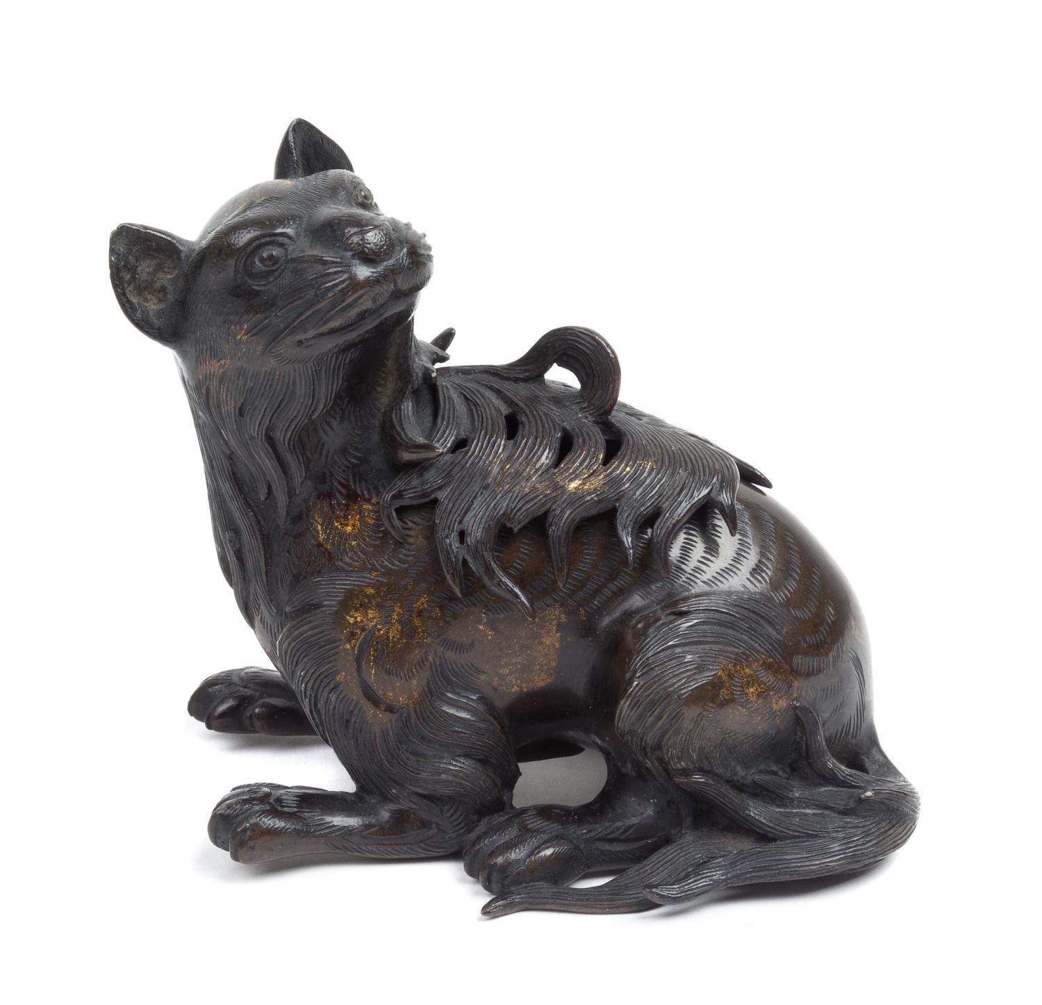 A Bronze Cat-Form Incense Burner Height 4 inches.