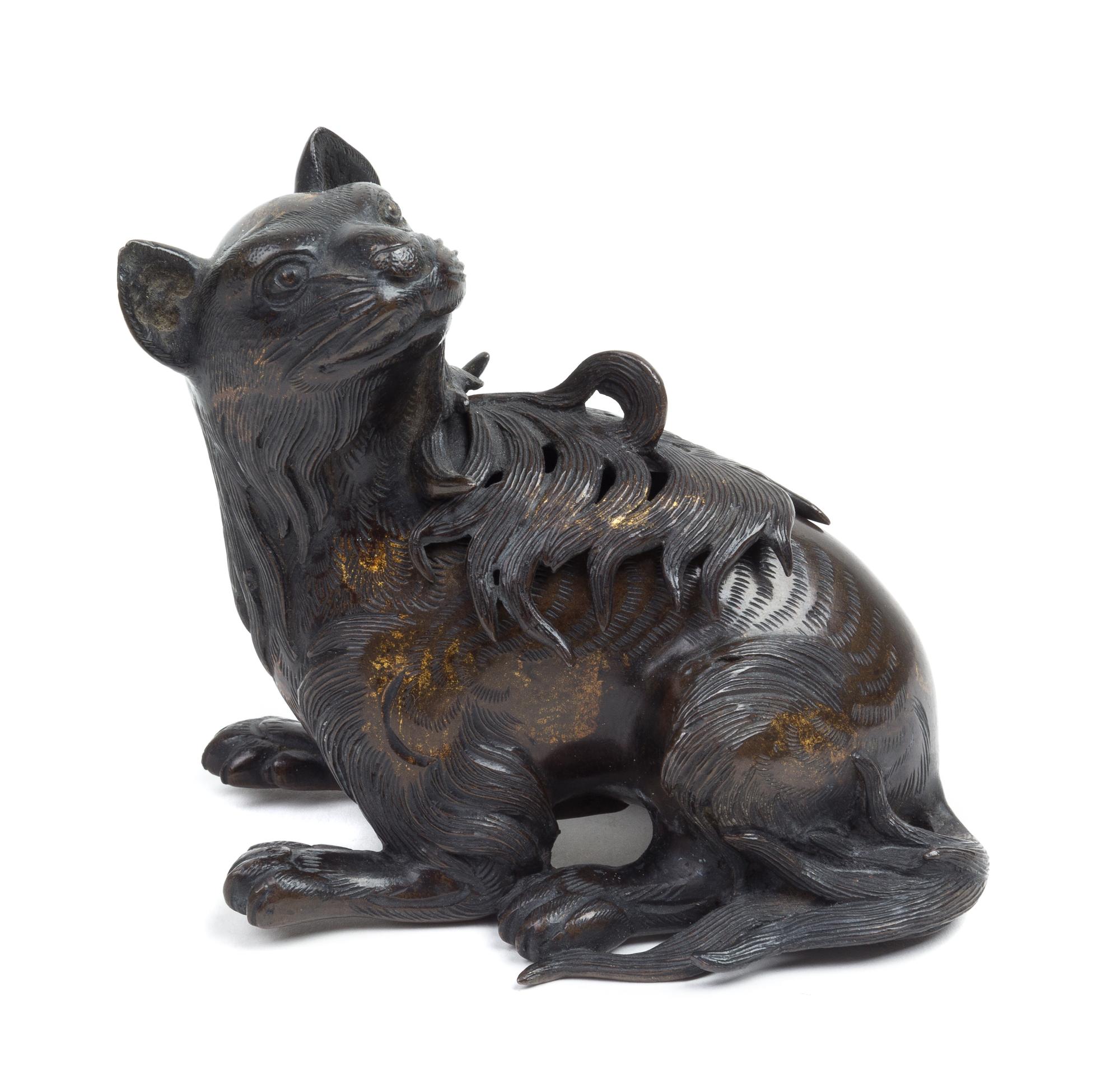 A Bronze Cat-Form Incense Burner Height 4 inches.