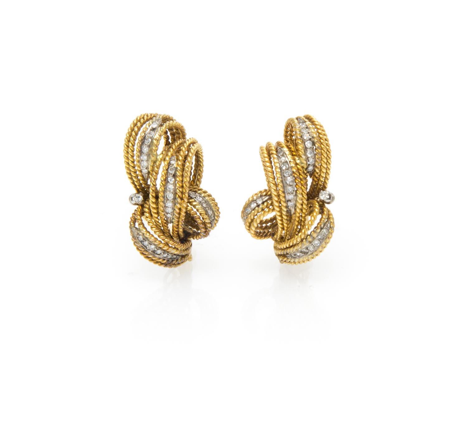 A Pair of Yellow Gold and Diamond Earclips, 10.70 dwts.