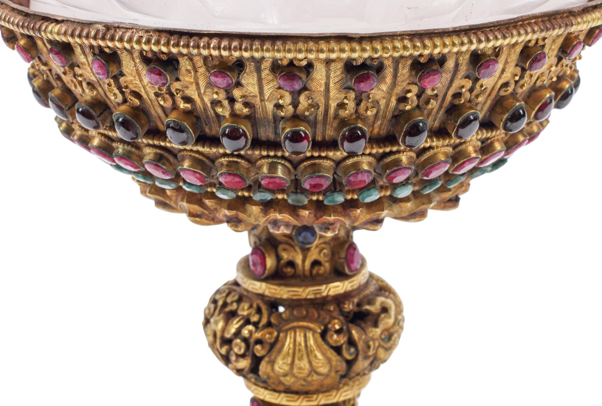 A Large Rock Crystal Bowl on a Jeweled Gilt Metal Base