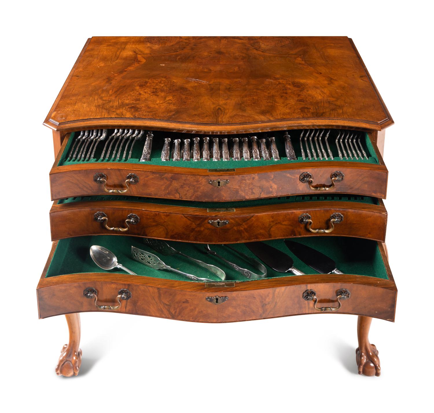 A Cooper Brothers Silver Flatware Service in a Fitted Burl Walnut Chest