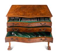 A Cooper Brothers Silver Flatware Service in a Fitted Burl Walnut Chest