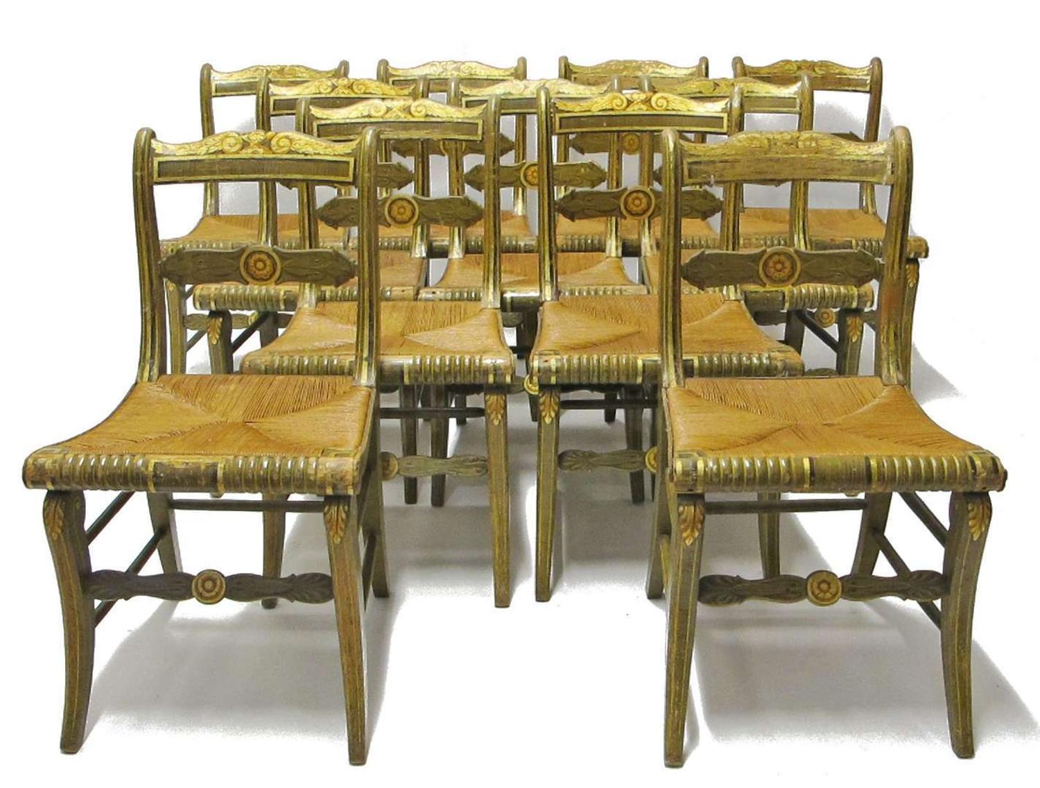 Eleven green and gold painted rush seat Fancy side chairs circa 1820
