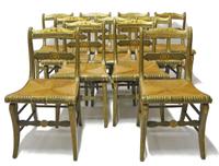 Eleven green and gold painted rush seat Fancy side chairs circa 1820