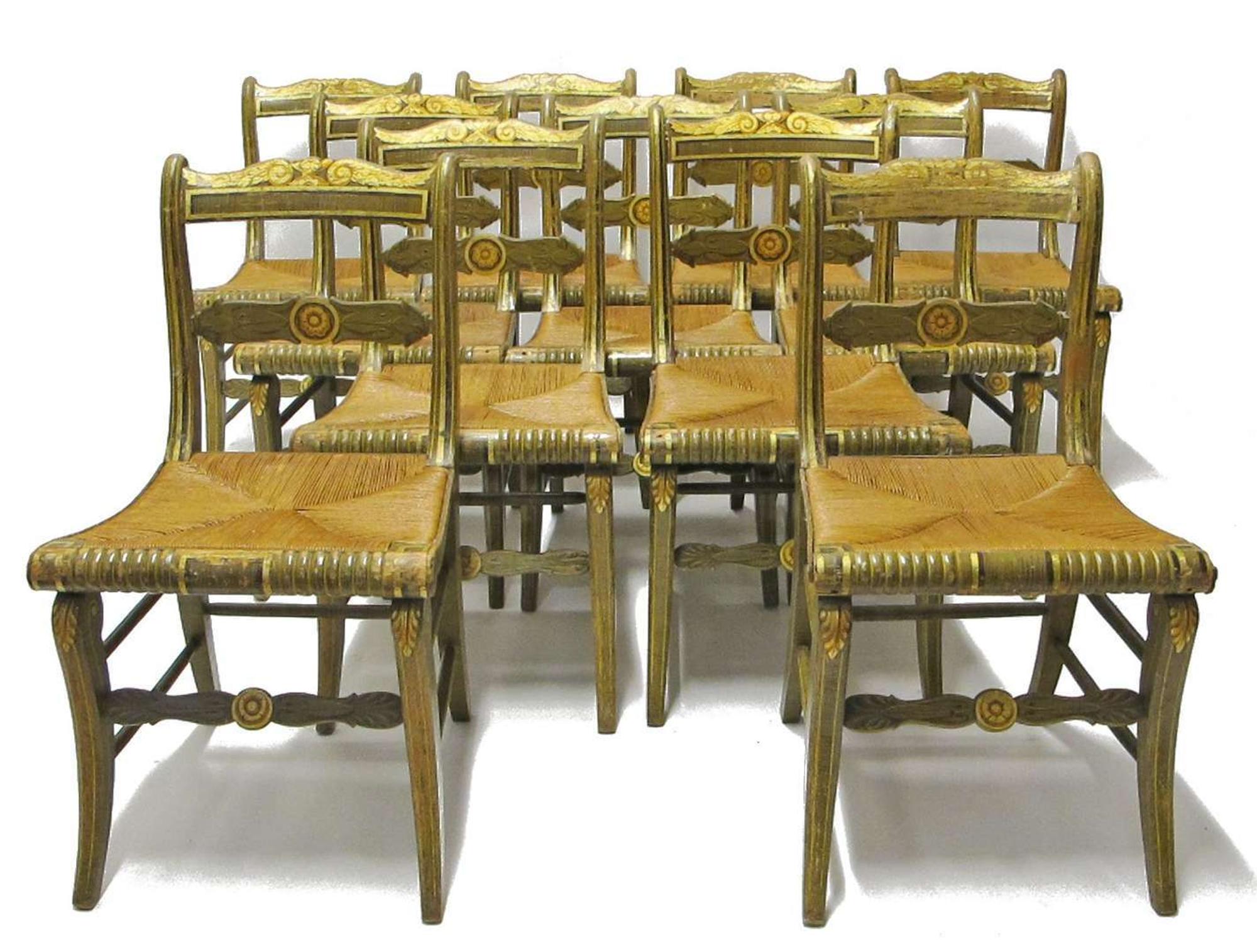 Eleven green and gold painted rush seat Fancy side chairs circa 1820