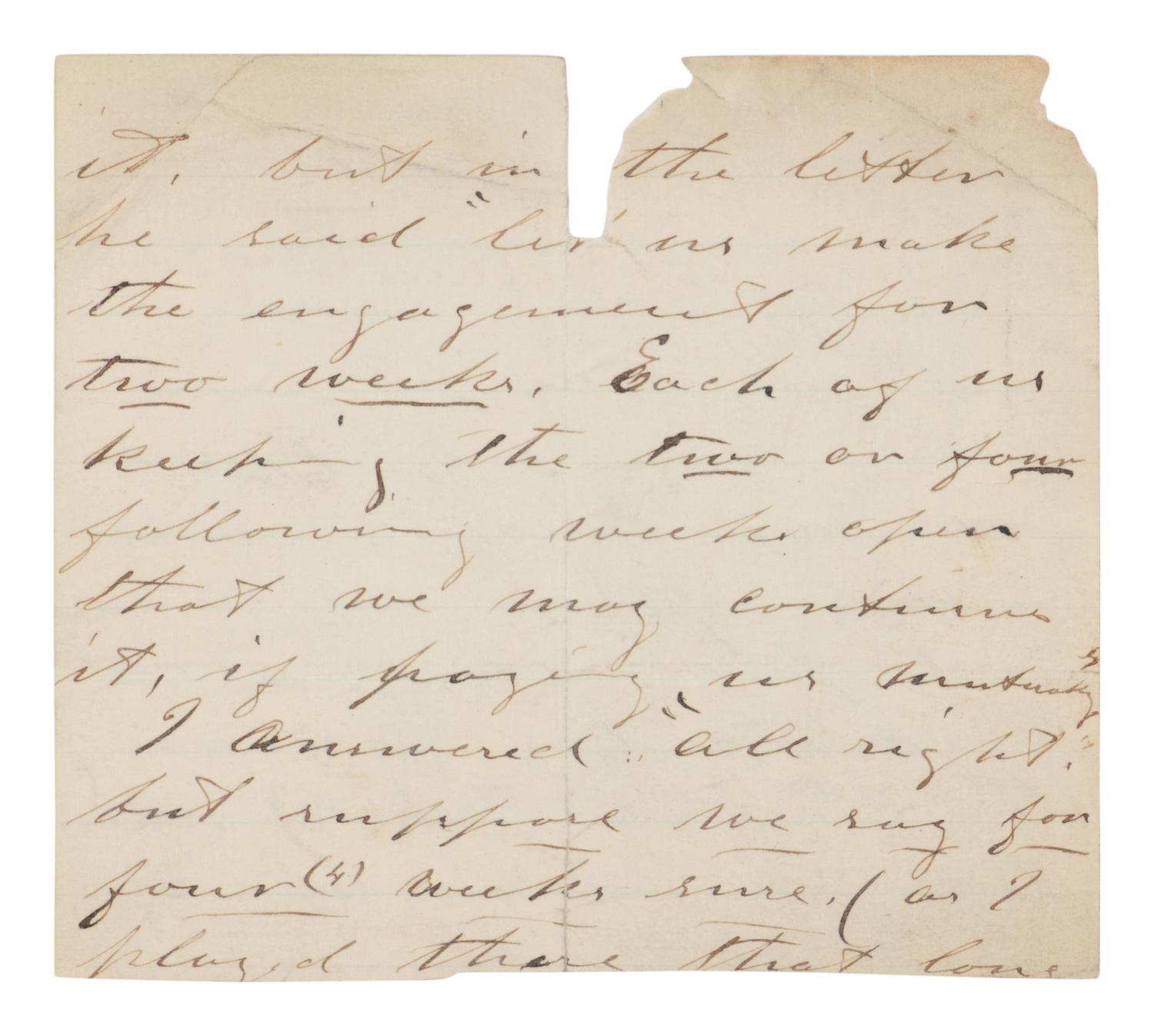 [BOOTH, John Wilkes (1838-1865)]. Partial manuscript document, unsigned, 9 February 1864.
