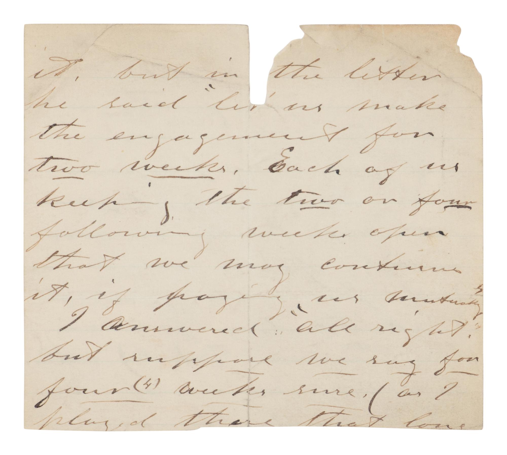[BOOTH, John Wilkes (1838-1865)]. Partial manuscript document, unsigned, 9 February 1864.