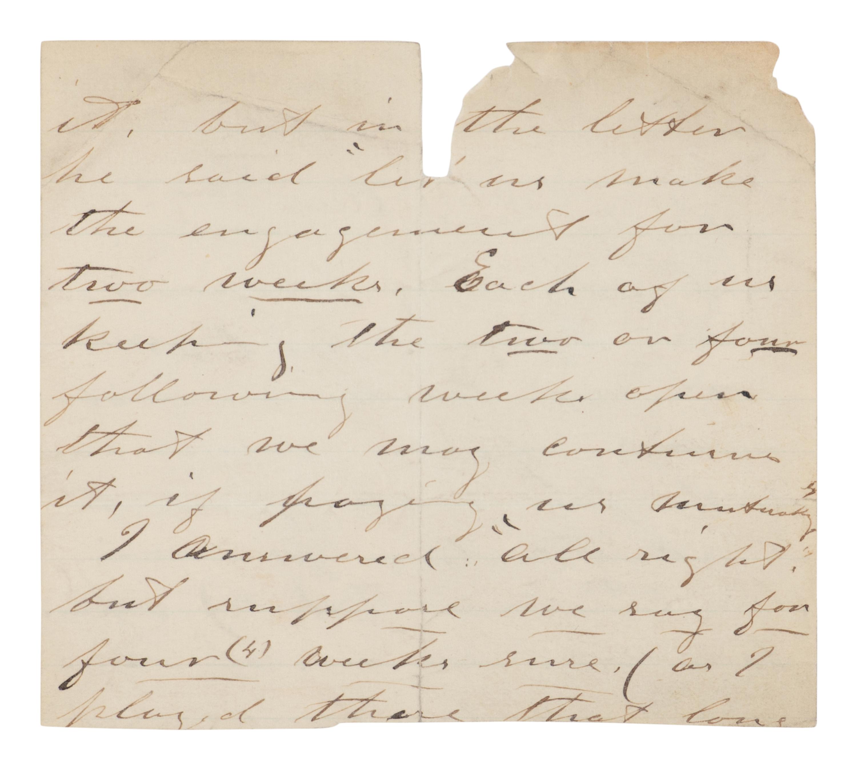 [BOOTH, John Wilkes (1838-1865)]. Partial manuscript document, unsigned, 9 February 1864.