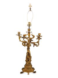 A Louis XV Style Gilt Bronze Six-Light Candelabrum Mounted as a Lamp