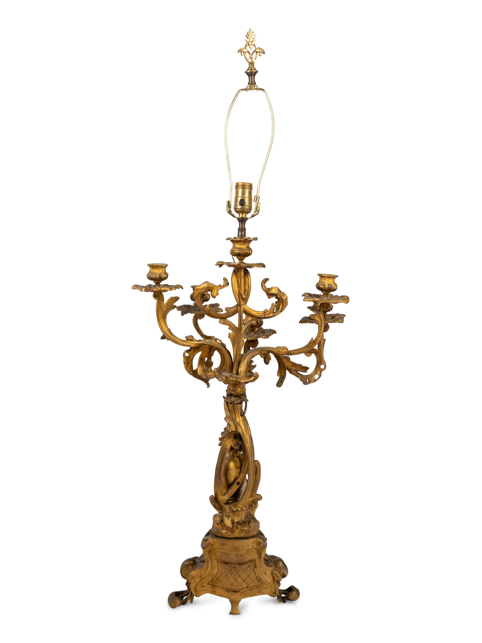 A Louis XV Style Gilt Bronze Six-Light Candelabrum Mounted as a Lamp