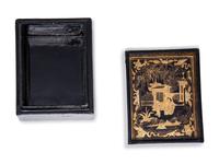 Seven Chinese Export Gilt and Black Lacquered Boxes and Dishes