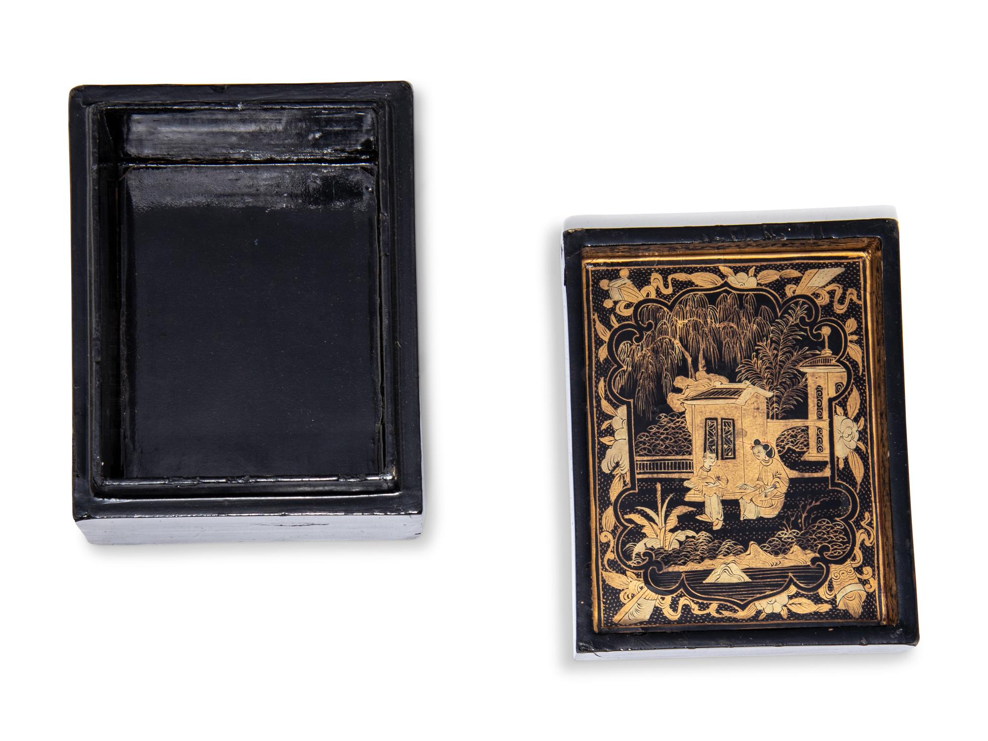 Seven Chinese Export Gilt and Black Lacquered Boxes and Dishes