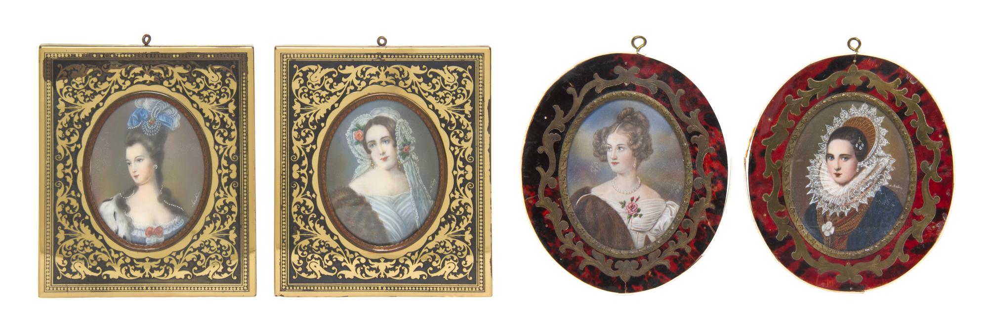 Four Continental Portrait Miniatures on Ivory, Height of tallest 3 1/4 inches.