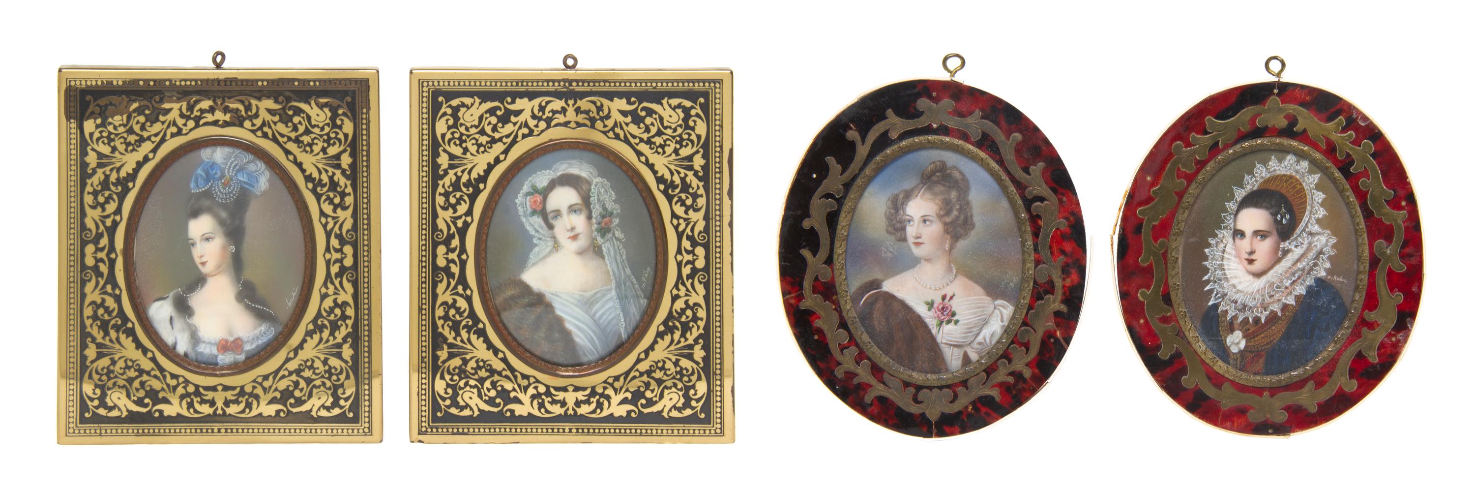 Four Continental Portrait Miniatures on Ivory, Height of tallest 3 1/4 inches.