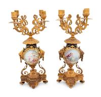 A Pair of Gilt Metal Mounted Sèvres Style Four-Light Candelabra