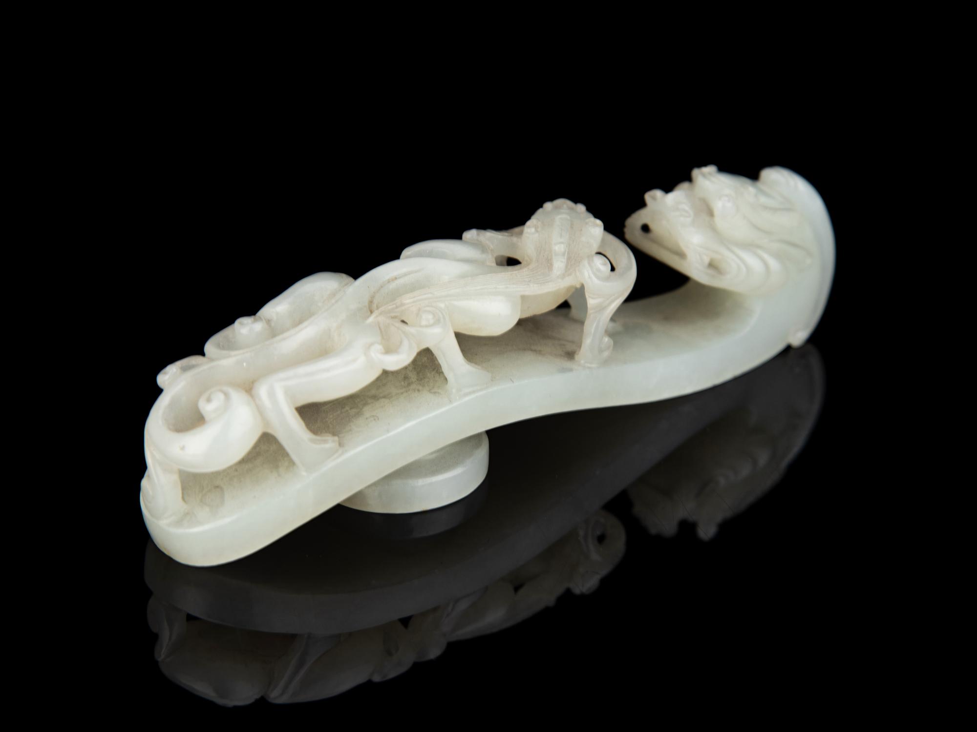 A Chinese White Jade 'Chilong' Belt Hook