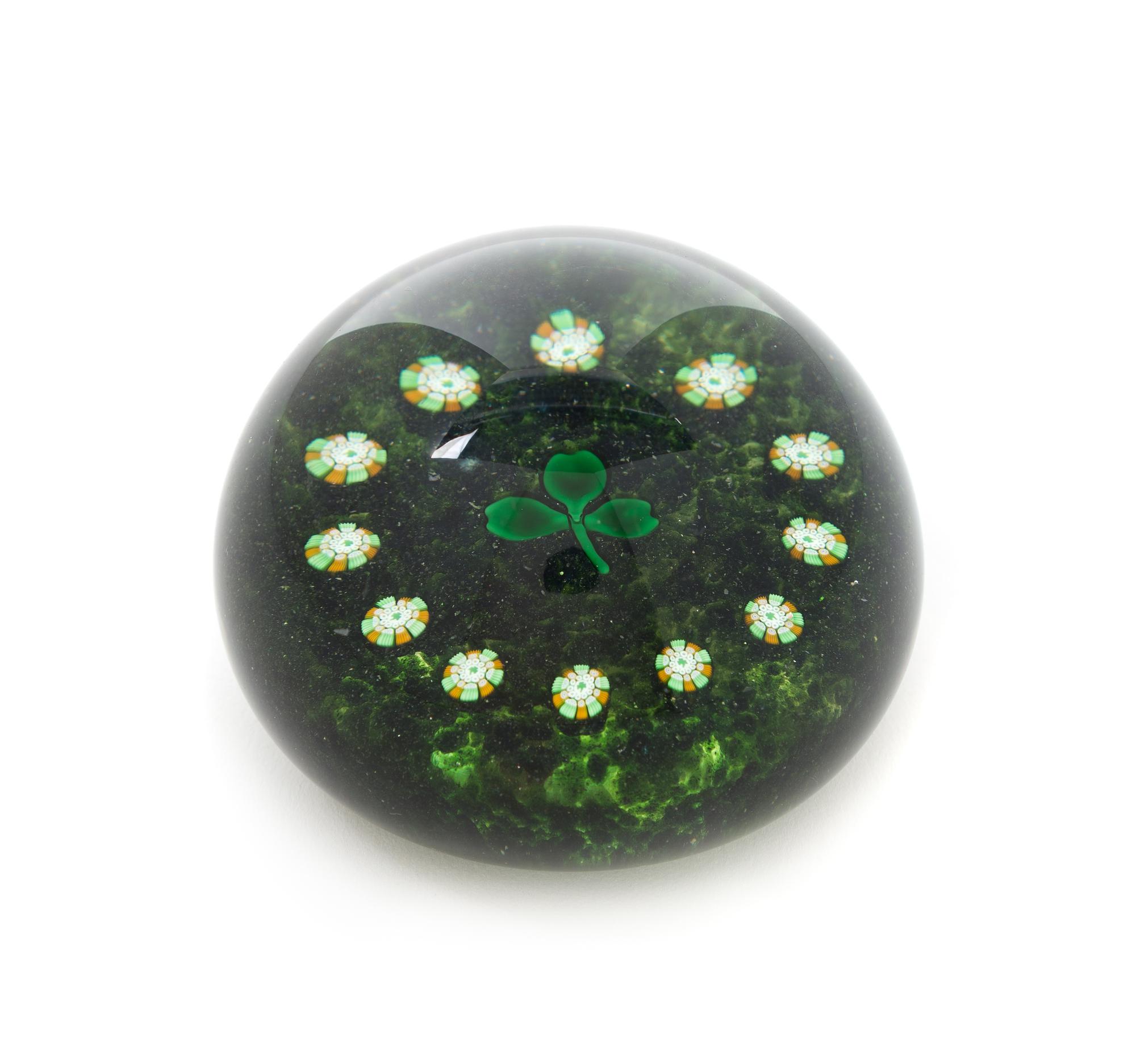 Strathearn Glass Company, Scotland, by John Deacons and William Manson a 2006 Strathearn Collection shamrock and millefiori paperweight
