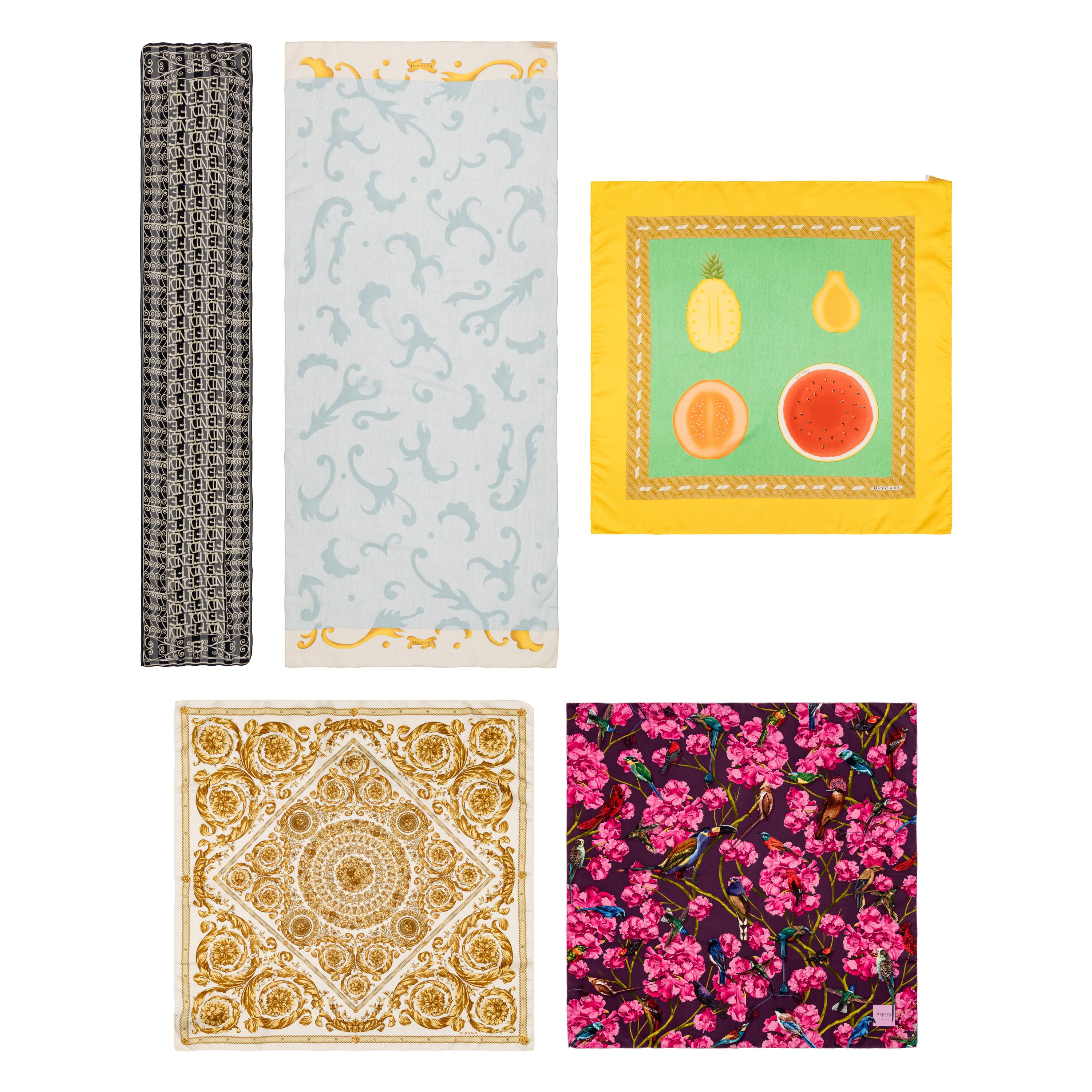 Five Designer Silk Scarves, Including Versace & Bulgari