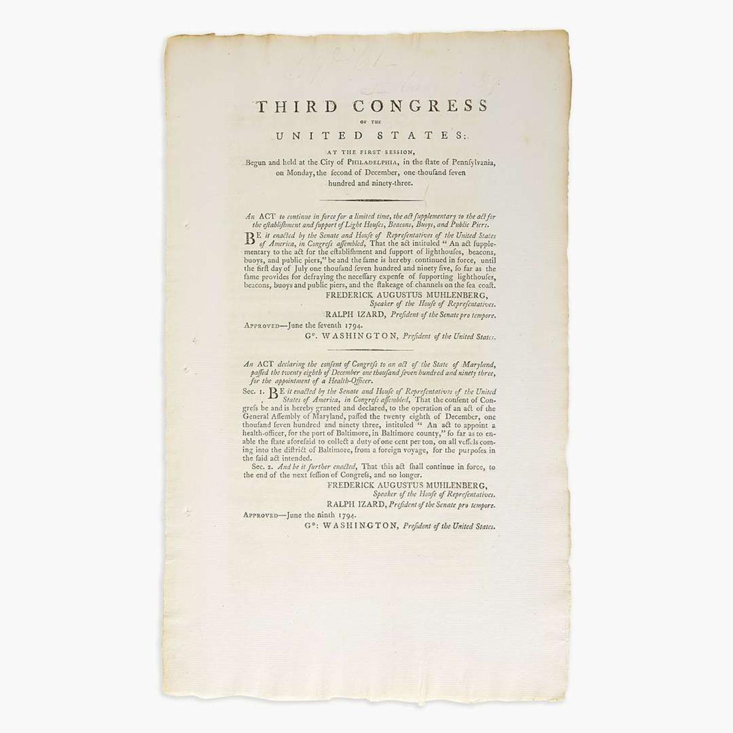 [Hamilton, Alexander] [Lighthouses] An Act to continue in force for a limited time, the act supplementary to the act for the establishment and support of Light Houses, Beacons, Buoys, and Public Piers...
