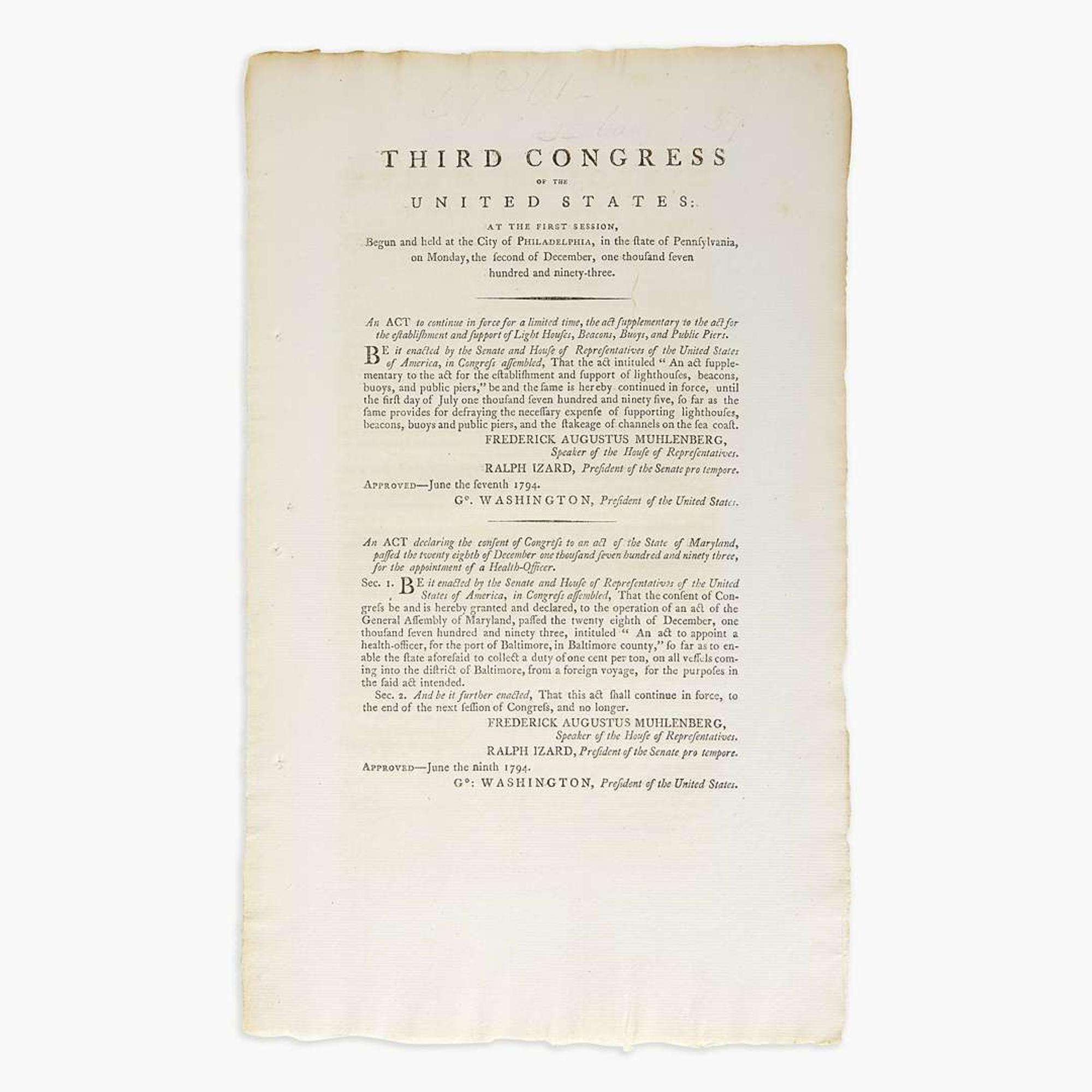 [Hamilton, Alexander] [Lighthouses] An Act to continue in force for a limited time, the act supplementary to the act for the establishment and support of Light Houses, Beacons, Buoys, and Public Piers...