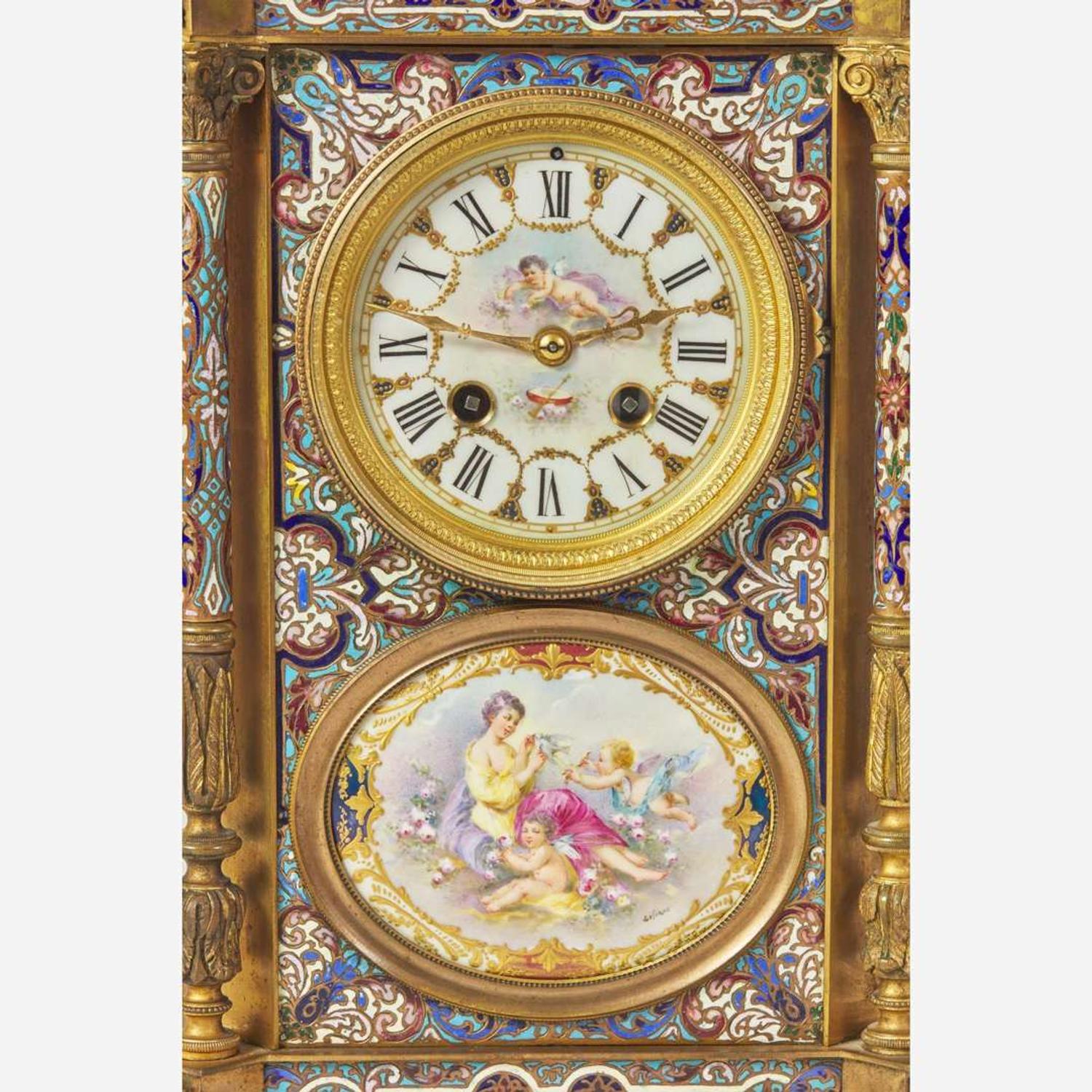 A French cloisonné enamel and gilt-bronze mounted mantel clock with painted porcelain set medallions Imported by Harris & Harrington (1896-1919), New York, circa 1900