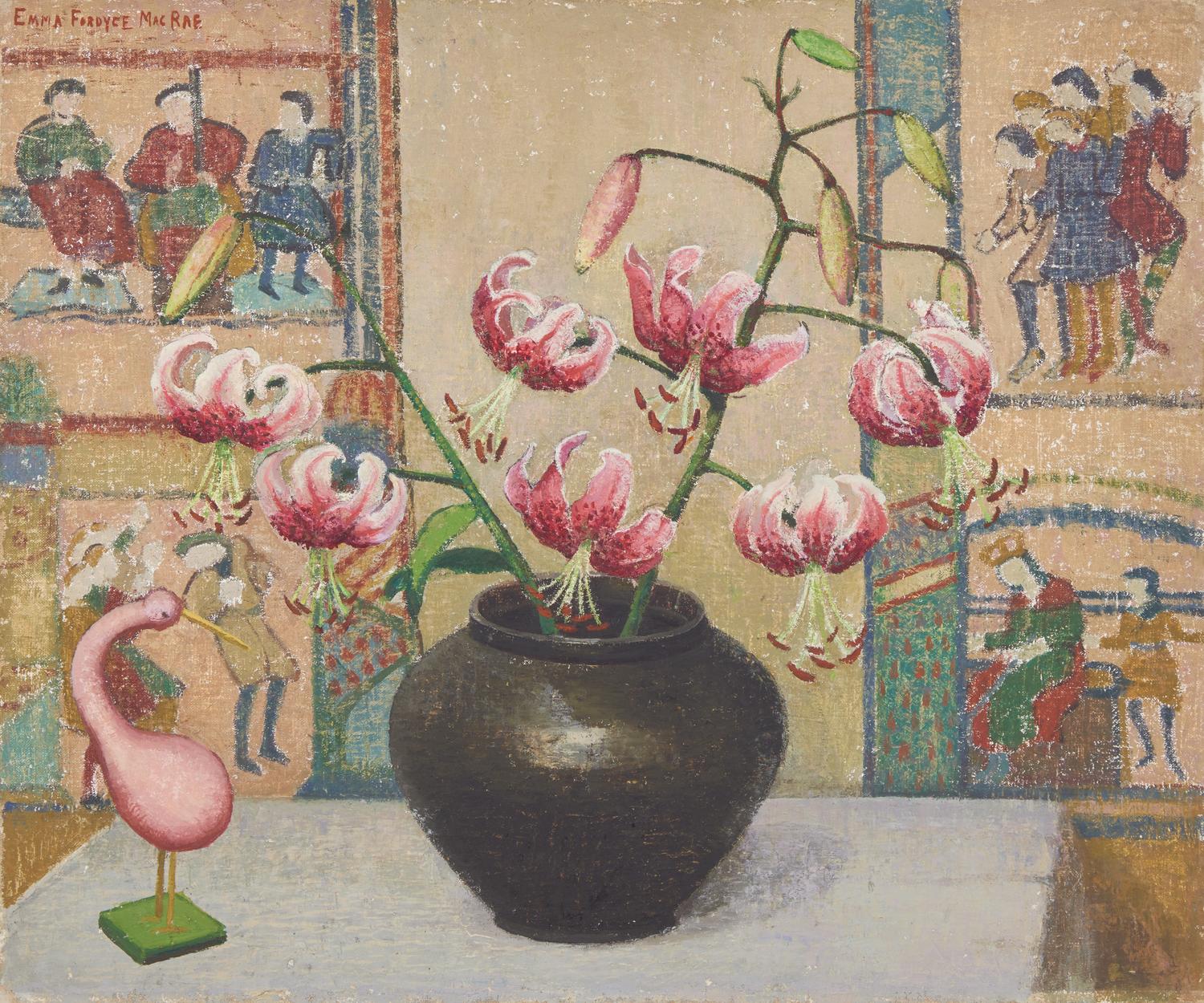 Emma Fordyce MacRae (American, 1887-1974) — Pink Lillies with Japanese Print , 1943