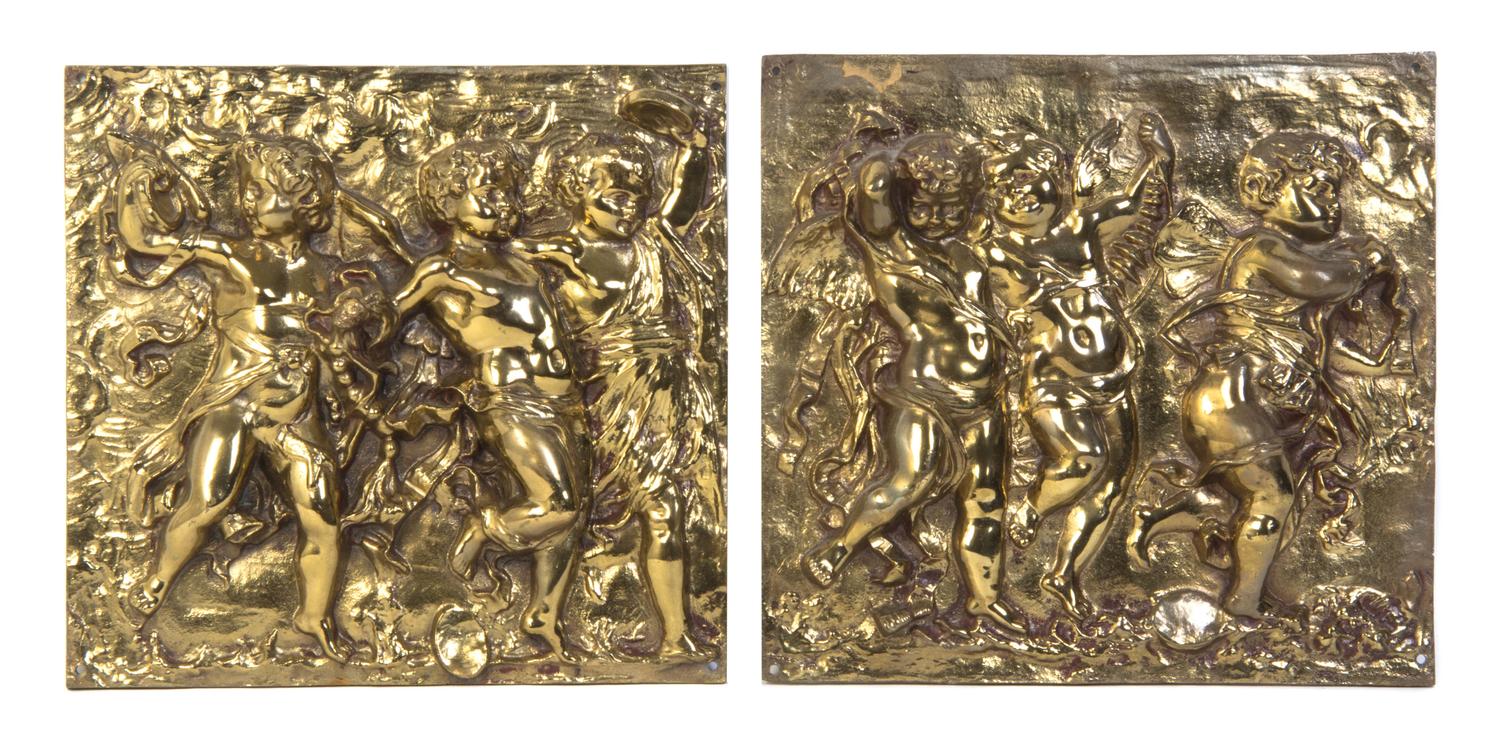 A Set of Four Continental Gilt Bronze Relief Plaques, Height 12 1/2 x width 13 1/4 inches.