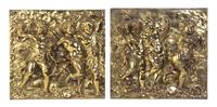 A Set of Four Continental Gilt Bronze Relief Plaques, Height 12 1/2 x width 13 1/4 inches.