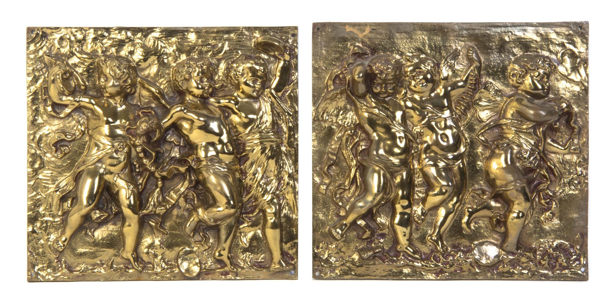A Set of Four Continental Gilt Bronze Relief Plaques, Height 12 1/2 x width 13 1/4 inches.