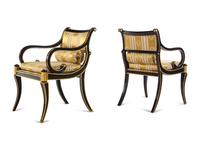 A Pair of Regency Style Parcel Gilt and Ebonized Armchairs