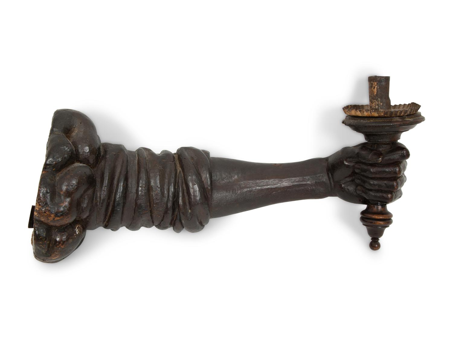 A Pair of Italian Carved, Painted and Parcel Gilt Arm-form Wall Sconces