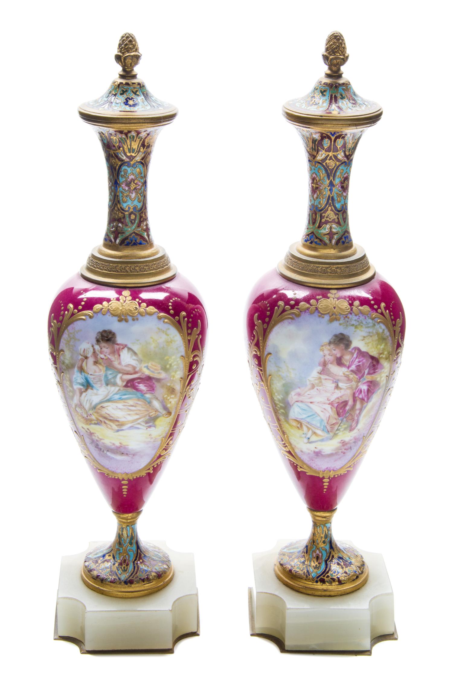 A Pair of Champleve and Gilt Metal Mounted Sevres Style Porcelain Vases Height 12 inches. — 19TH/20TH CENTURY