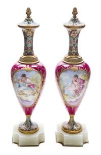 A Pair of Champleve and Gilt Metal Mounted Sevres Style Porcelain Vases Height 12 inches. — 19TH/20TH CENTURY