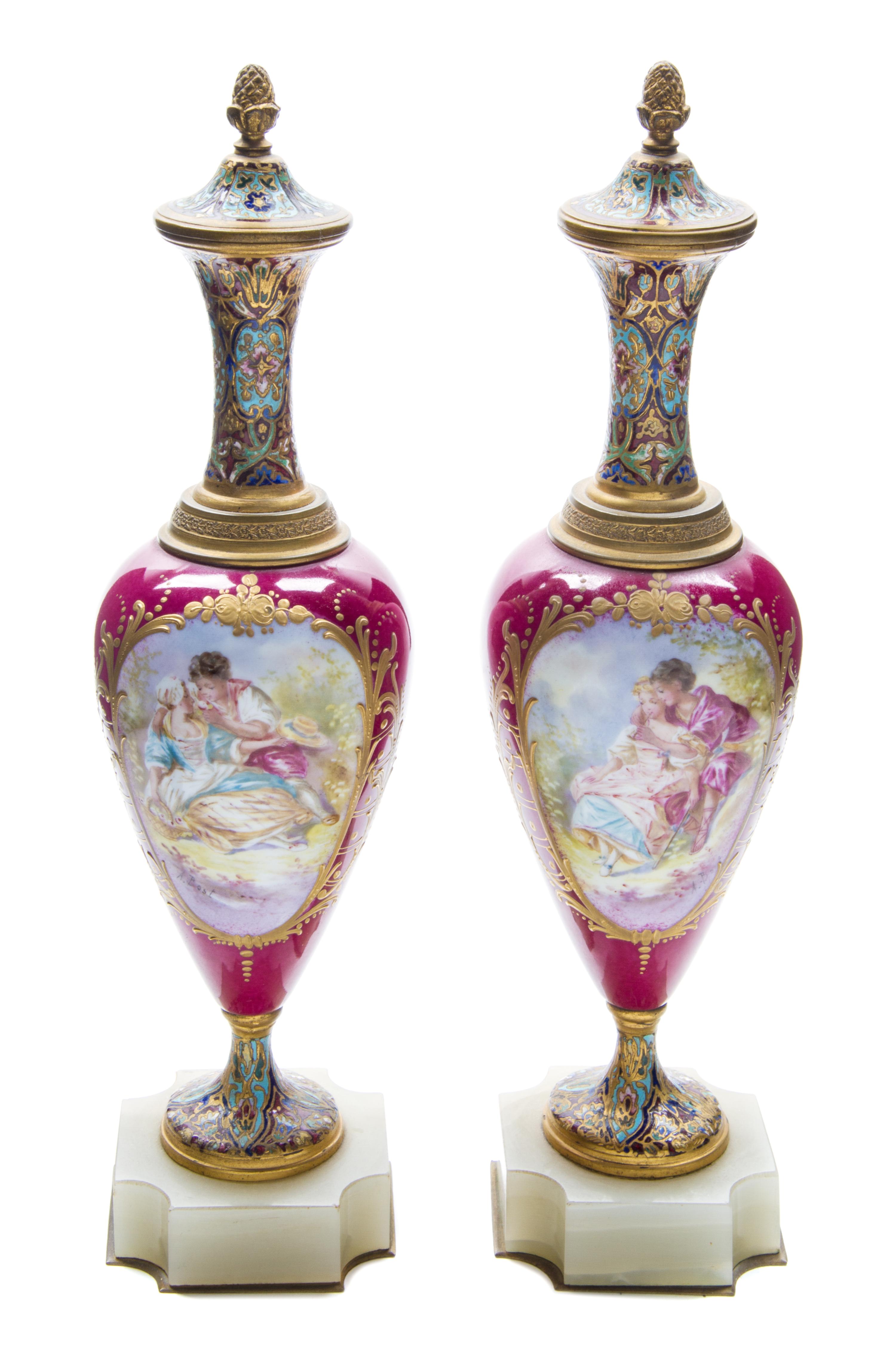 A Pair of Champleve and Gilt Metal Mounted Sevres Style Porcelain Vases Height 12 inches. — 19TH/20TH CENTURY
