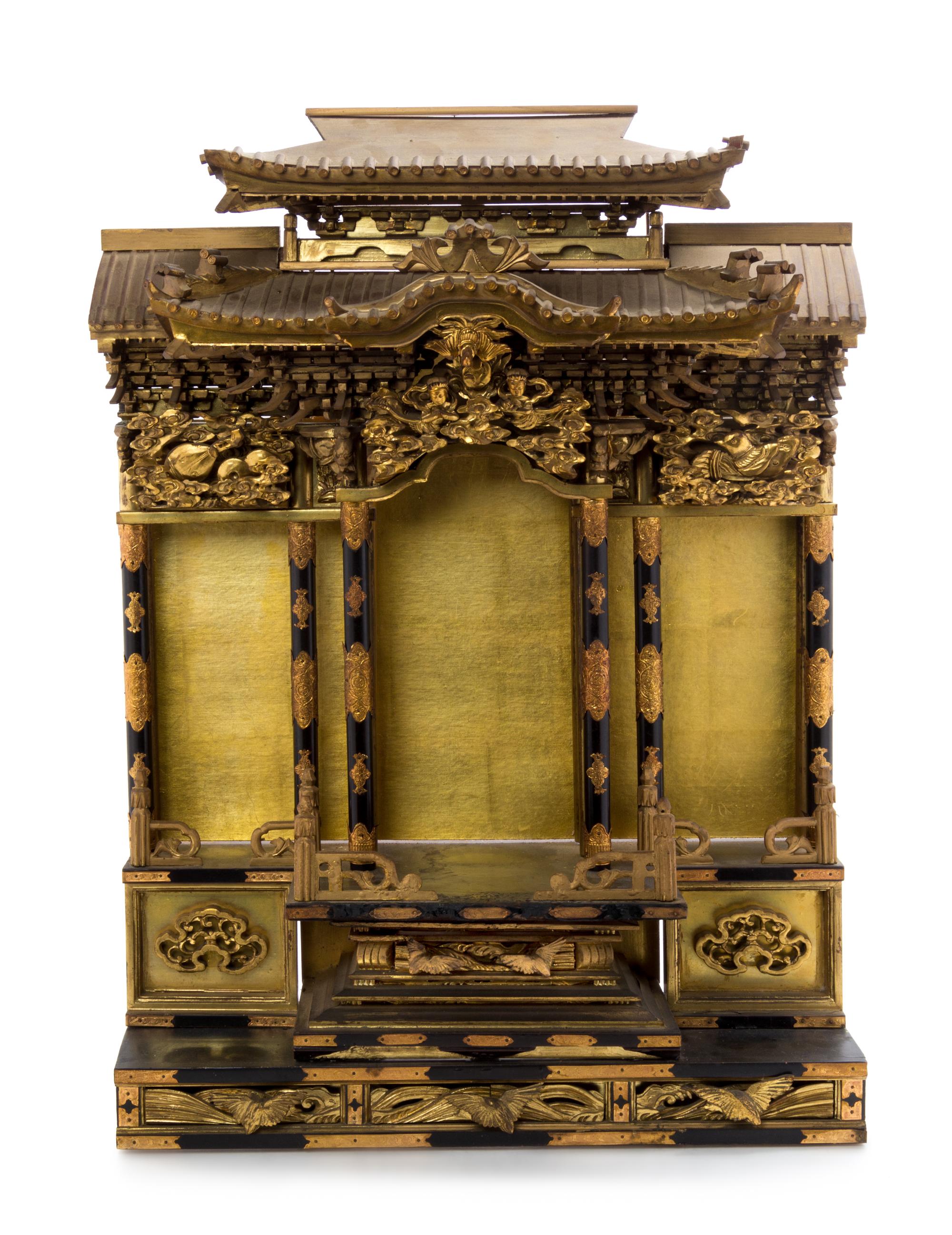 A Japanese Gilt Laquered Wood Shrine 28 1/2 x 21 x 7 1/2 inches. — 19TH CENTURY