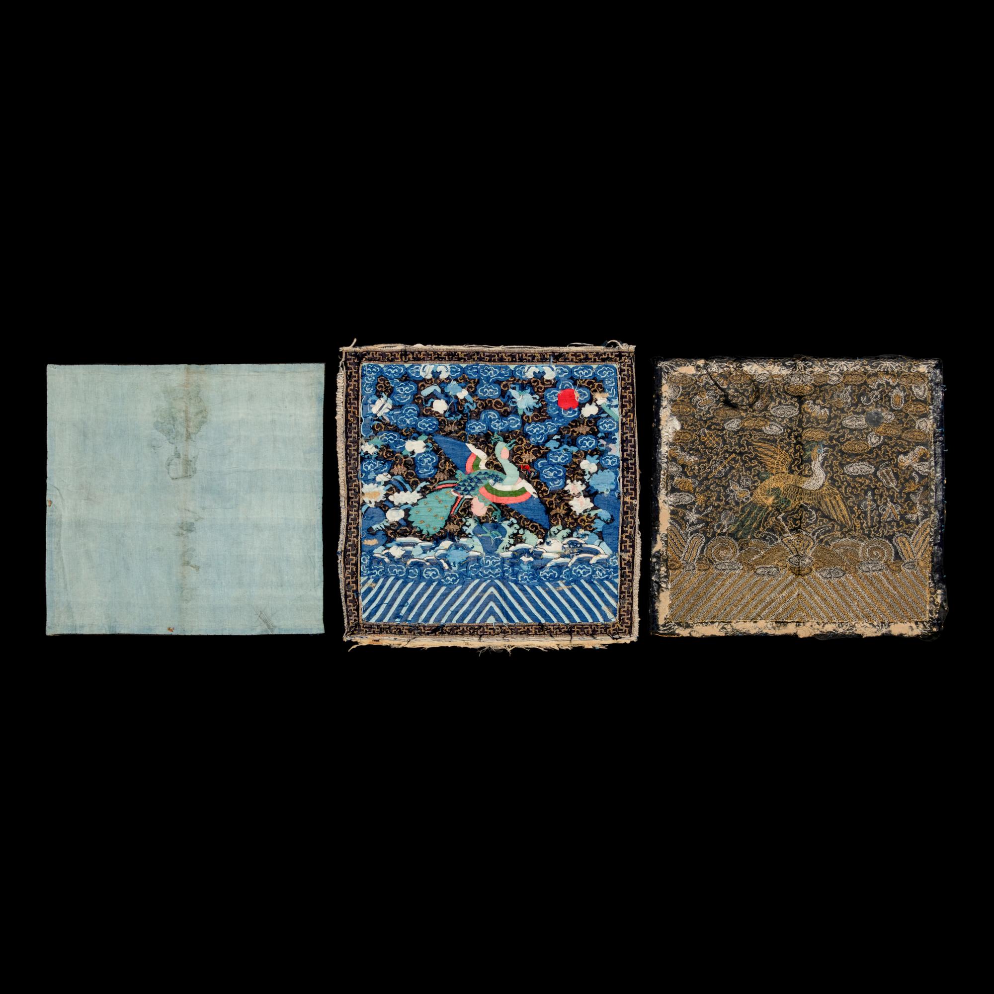 Three Chinese Silk 'Peacock' Rank Badges, 19th Century 清中晚期 緙絲、刺綉三品文官孔雀補子三幅