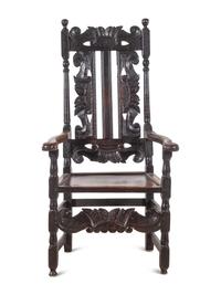 A William and Mary Carved Oak Armchair