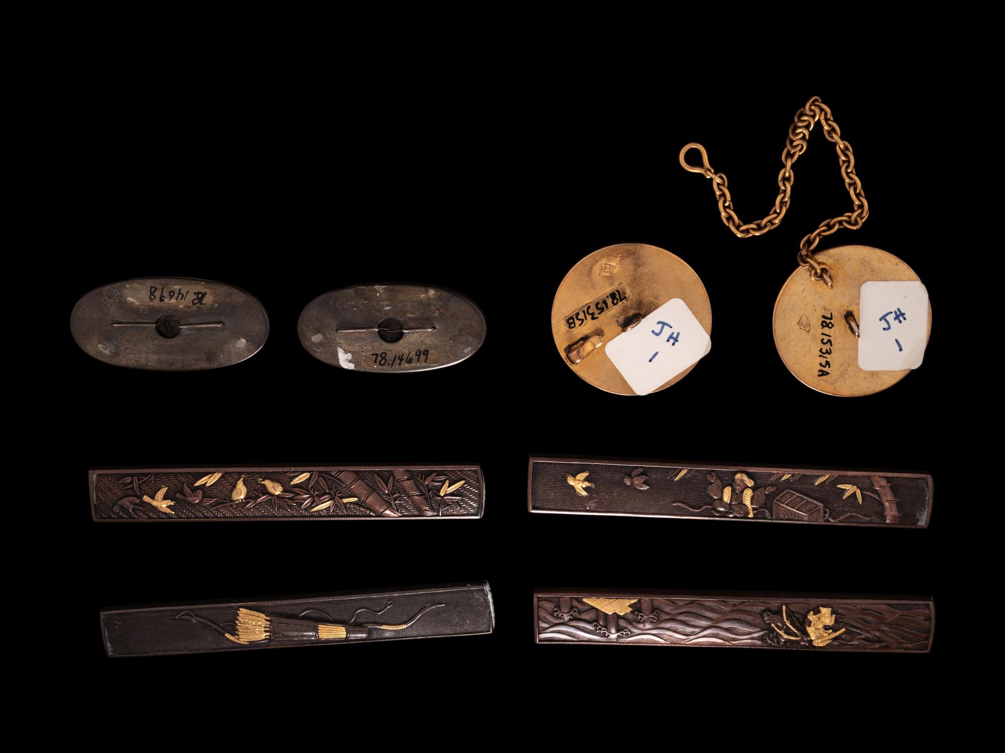 Eight Japanese Mixed-Metal Sword Fittings and Netsuke