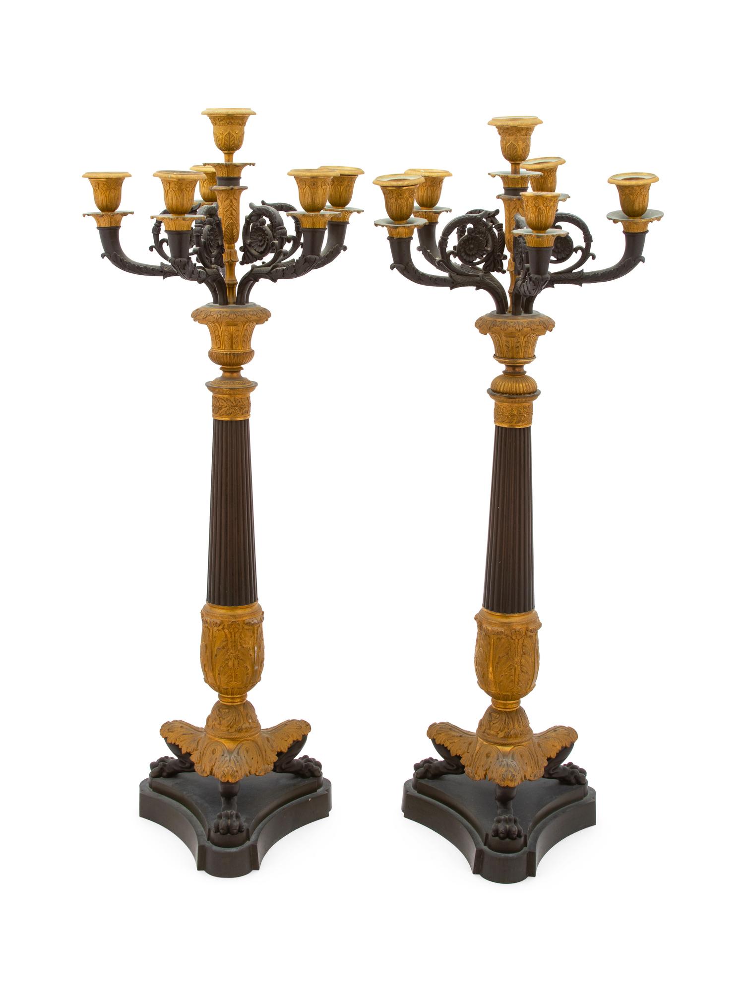 A Pair of Empire Gilt and Patinated Bronze Six-Light Candelabra