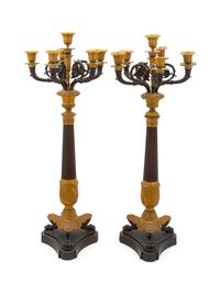 A Pair of Empire Gilt and Patinated Bronze Six-Light Candelabra