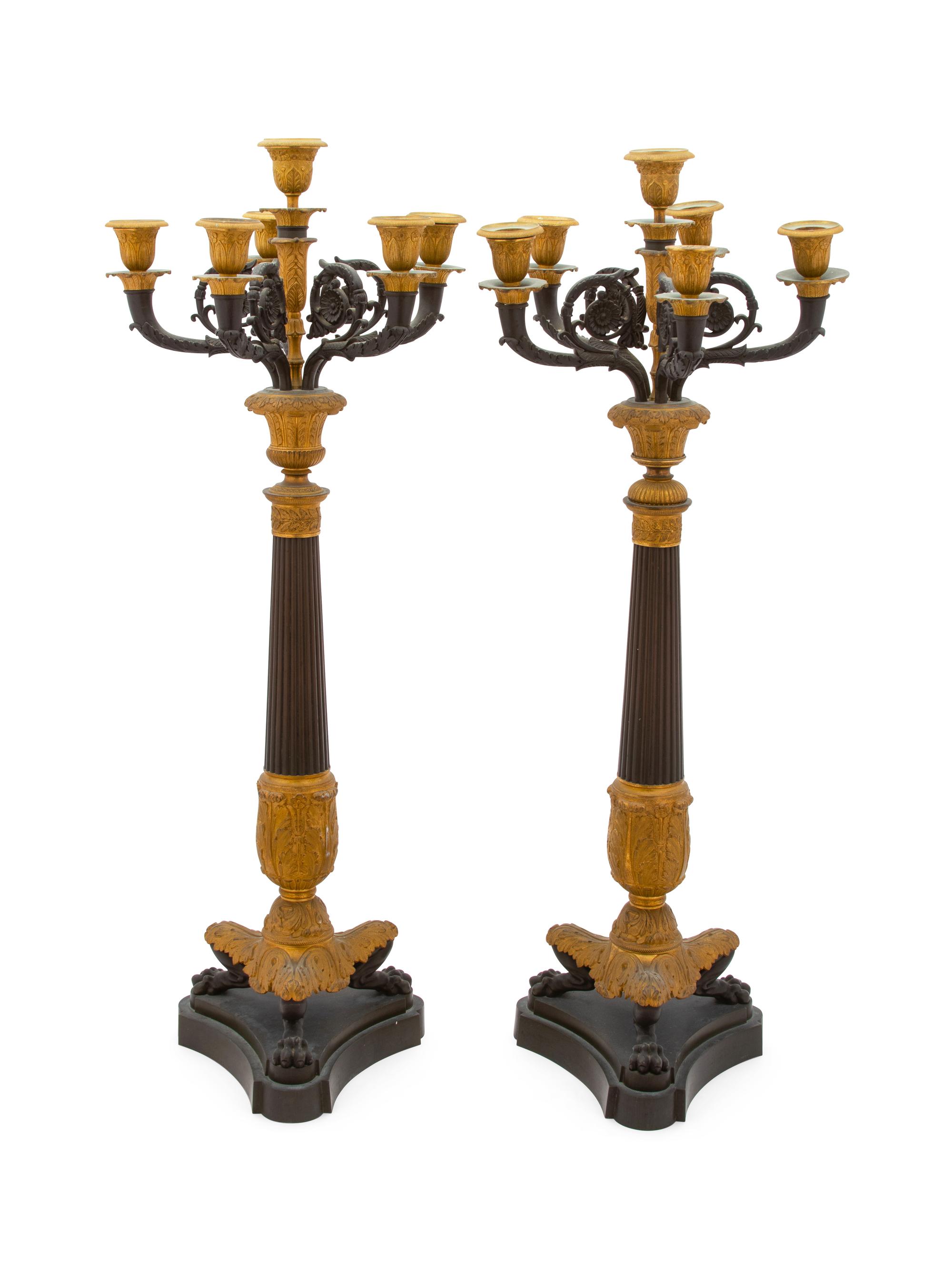A Pair of Empire Gilt and Patinated Bronze Six-Light Candelabra
