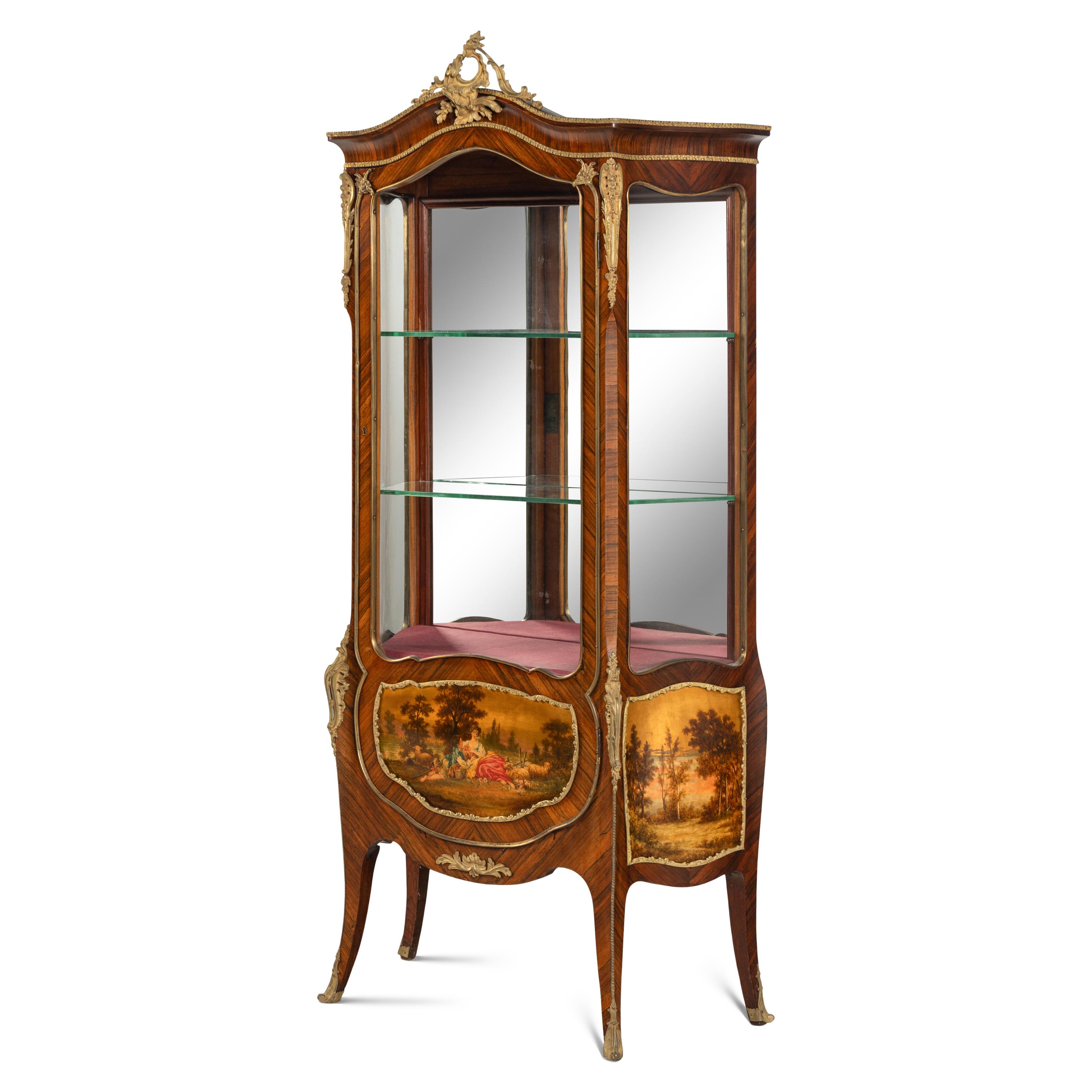 A Pair of Louis XV Style Kingwood, Vernis Martin and Gilt Bronze Mounted Vitrine Cabinets