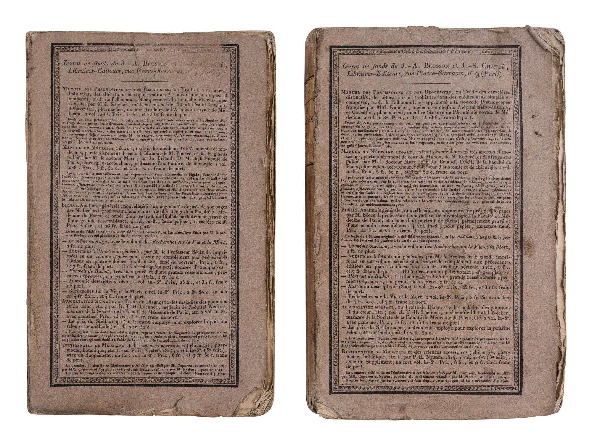 [MEDICAL]. LAENNEC, René-Théophile-Hyacinthe (1781-1826). De l'Auscultation Mediate. Paris: J.A. Brosson et J.S. Chaude, 1819.