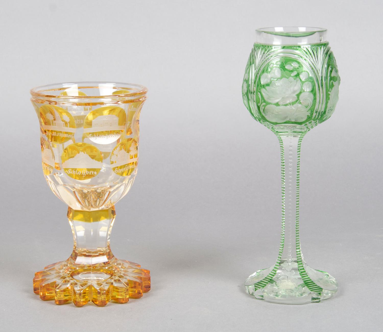 A Group of Two Bohemian Glass Chalices, Height of tallest 9 1/4 inches.