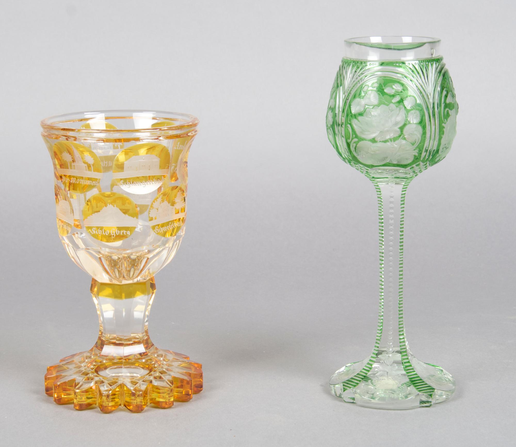 A Group of Two Bohemian Glass Chalices, Height of tallest 9 1/4 inches.