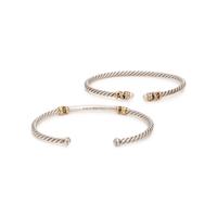 David Yurman, 'Petite Helena', Two Sterling Silver, Yellow Gold, and Diamond Cable Cuff Bracelets